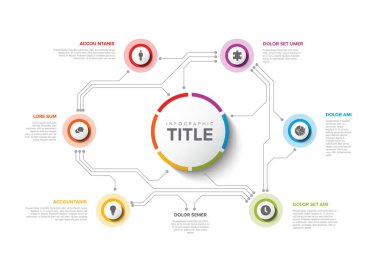 Basit Renkli Dairesel Bilgi Devresi Tasarım Şablonu. Altı elementi ve ışık arka planında başlığı olan büyük bir çember. Modern çok amaçlı bilgi şeması şablonu