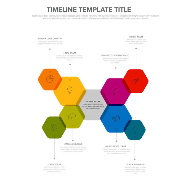 Simple hexagons multipurpose infographic template with nine elements and middle item. Infochart with icons, color blocks and descriptions.
