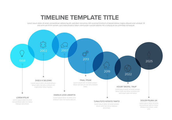 Blue infographic timeline template made from content circles with icons, years and some sample text content. Horizontal time line template