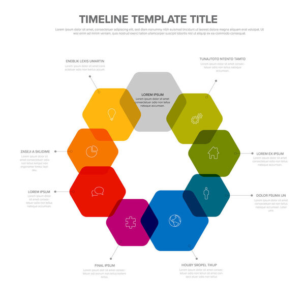 Simple hexagons circle multipurpose infographic template with nine elements and middle item. Infochart with icons, color blocks and descriptions.