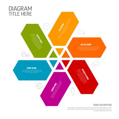 Basit altıgenler çok amaçlı bilgi şablonu. Ortasını gösteren altı element var. Simgeler, renk blokları ve açıklamaları içeren bilgi tablosu.