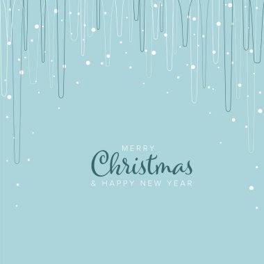 Simple light modern Merry Christmas and Happy New Year card template with icicles on the top and abstract snowflakes  on light blue background clipart