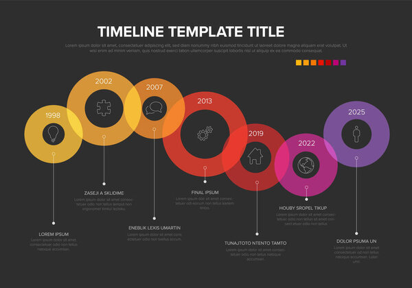Simple dark multipurpose infographic layout template with seven yellow to red circles on the curved line with years and icons. Simple infographic timeline template.