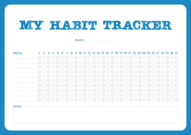 Alışkanlıklar, notlar ve günlük izleme alanları olan aylık bir alışkanlık takip cihazı. 31 günlük bir periyotta kişisel alışkanlıkların düzenlenmesi ve sürdürülmesi için ideal.