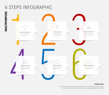 Renkli 6 basamaklı bir bilgi aktarımı yapılandırılmış bir planı gösterir. 1 'den 6' ya kadar olan sayılar, çok amaçlı ve net bir tasarımı vurgulayarak farklı renklerle vurgulanır. Görsel sunumlar için ideal.