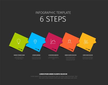 Karanlık bilgi şablonu simgeli ve tanımlı altı renkli adımı içerir. Süreç veya iş akışlarını temsil etmek için ideal, her adım eşsiz renklendirilmiş ve etiketlenmiştir.
