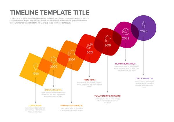 A vibrant timeline template displays company key milestones using colorful transformation of yellow square to blue circle. Each step represents a year and major event.