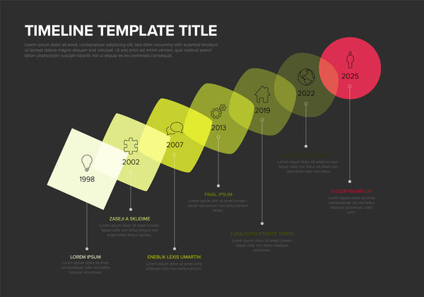 A vibrant timeline template displays company key milestones using colorful transformation of green square to red circle. Each step represents a year and major event.