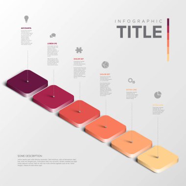 İlerleme ve simgelerde altı renkli bloğu olan modern bir bilgi grafiği. Veri sunumu ve iş planlaması için metin ve görsellerle adım adım süreçleri gösteriyor.