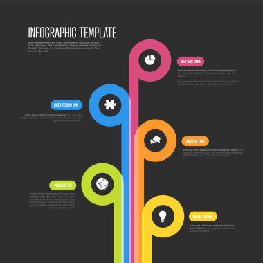 Renkli, kıvrımlı çizgileri dairesel simgelere ve metin tutucularına götüren modern bir bilgi şablonu. Bu koyu renkli tasarım zaman çizgileri, sunumlar ve veri görselleştirmesi için idealdir..