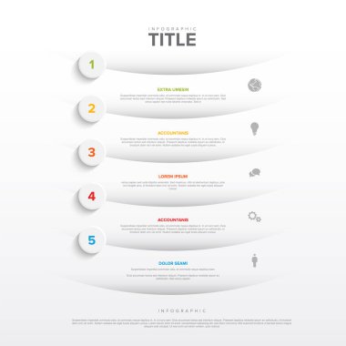 Temiz ve modern bir bilgi grafiğinde metin için numaralandırılmış bölümler, simgeler ve yer tutucular içeren beş adımlı bir düzen yer alır. Ticari veya eğitici görsel sunumlar için ideal.