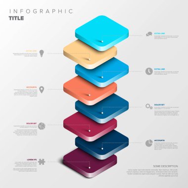 Tanımlayıcı metin ve simgelerle dolu renkli katmanlar içeren canlı bir 3D bilgi özelliği. Tasarım görsel olarak çekici ve hiyerarşik veya işlem verilerini verimli bir şekilde göstermek için idealdir.