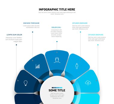 Simgeleri ve metin tutucuları olan altı bölümden oluşan modern dairesel bir bilgi. Tasarım, veri görselleştirme veya sunumlar için ideal bir profesyonel görünümü vurgular.