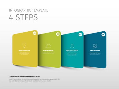 Temiz bir bilgi şablonu, simgeler ve metinlerle farklı renk bloklarında dört adımı gösterir. Proje modern ve profesyonel tasarımı sunumlar için..