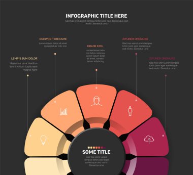 Simgeleri ve metin tutucuları olan altı bölümden oluşan modern dairesel bir bilgi. Tasarım, veri görselleştirme veya sunumlar için ideal bir profesyonel görünümü vurgular.
