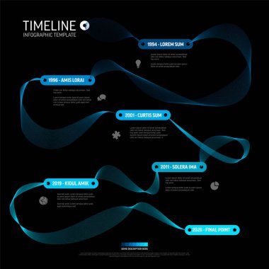 Karanlık bir zemin üzerinde soyut dalgalı çizgi olan modern zaman çizgisi bilgi şablonu. Bu dijital zaman çizgisi, net iletişim için süreç akışını ve anahtar veri noktalarını görüntüler.