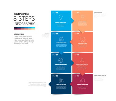 İş sunumları için 8 adımı dikey gösteren çok yönlü bir bilgi şablonu. Bu modern bilgi tasarımı bir süreci veya seçenekleri açık adımlarla sunmak için idealdir.