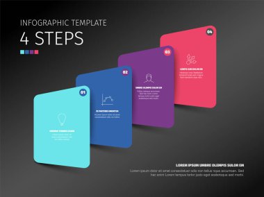 Karanlık bir arkaplandaki bu modern 4 basamaklı bilgi şablonu iş sunumları için mükemmeldir. İş sürecinizi veya seçeneklerinizi görselleştirmek için dört adımlı bu bilgi şablonunu kullanın.