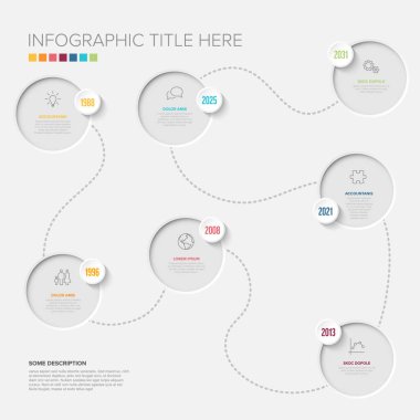 Bu çok yönlü zaman çizgisi bilgi şablonu kronolojik verileri sunmak için temiz bir tasarım sağlar. Tarihi, kilometre taşlarını veya gelecek planlarını etkin bir şekilde göstermek için bu zaman çizgisini kullan.