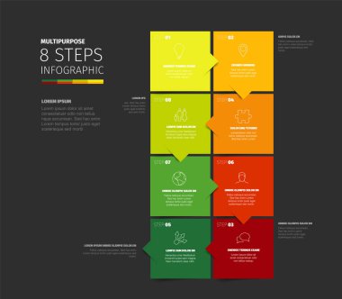 Bu sunum için çok amaçlı 8 aşamalı bir bilgi şablonu. İşletme süreçlerini veya adımlarınızı etkin bir şekilde gösteren bir dizi basamağı görselleştirmek için bu bilgi tasarımı kullanın.