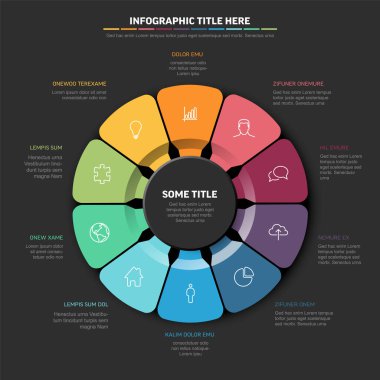 Veri görselleştirmesi için modern dairesel bilgi şablonu. Bu profesyonel dairesel bilgi şablonu, 8 adım veya seçenek için idealdir, koyu bir arkaplanda parlak bir tasarım içerir..