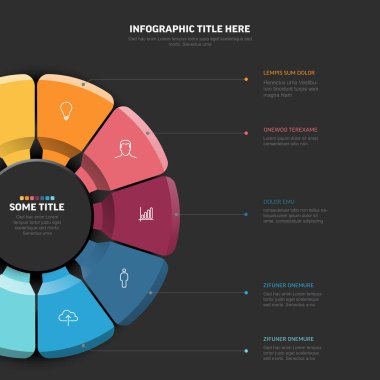 Renkli segmentler ve simgelerle modern radyal bilgi şablonu. Çember diyagramı, modern bir radyal bilgi şablonu tasarımını kullanarak, iş verilerini veya kavramları görsel olarak sunmak için idealdir..