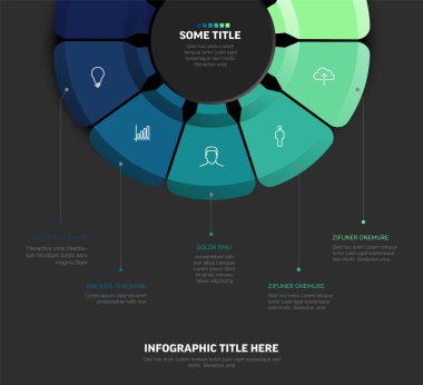 Sunumlar için simgeleri ve metin tutucuları olan renkli bölümleri içeren modern dairesel bilgi şablonu. Bu bilgi şablonu veri görselleştirmesi için idealdir.