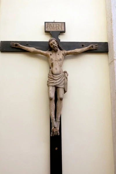 Mafra Portugalia Czerwca 2022 Zbliżenie Drewniany Krzyż Jezusa Chrystusa Ukrzyżowanego — Zdjęcie stockowe