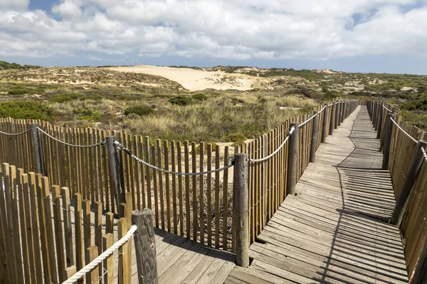 Beautiful View Guincho Wooden Pathway Sand Dunes Located Sintra Portugal — Stock Photo, Image