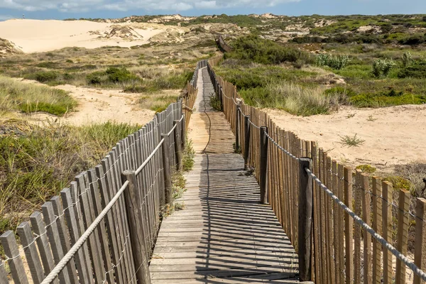 Beautiful View Guincho Wooden Pathway Sand Dunes Located Sintra Portugal Stock Picture