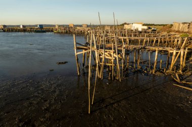 Portekiz, Carrasqueira 'daki eski ahşap palaphitik rıhtım manzarası.