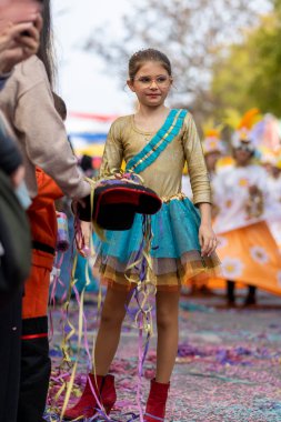 LOULE, PORTUGAL - 23 Şubat 2023: Loule, Portekiz 'deki Renkli Karnaval Festivali katılımcıları.