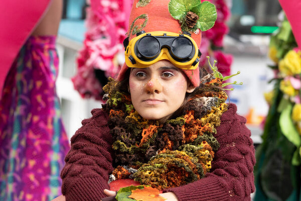 LOULE, PORTUGAL - 20th FEBRUARY 2023: Colorful Carnival (Carnaval) Parade festival participants on Loule city, Portugal.