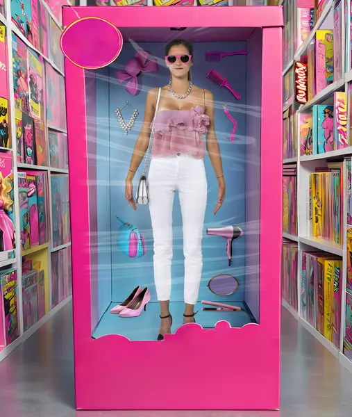 Human size adult woman inside pink card box with several objects related to fashion.