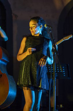 FARO, PORTUGAL: 7 Eylül 2023 - Müzik grubu, Quarteto de Jazz ARCM başarısı. Ana Cherry, Portekiz 'in Faro şehrinde düzenlenen F Festivali' nde sahne alıyor..
