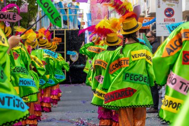 LOULE, PORTUGAL - 17 Şubat 2024: Loule, Portekiz 'deki Renkli Karnaval Festivali katılımcıları.