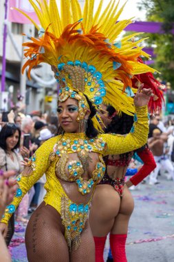 LOULE, PORTUGAL - 17 Şubat 2024: Loule, Portekiz 'deki Renkli Karnaval Festivali katılımcıları.