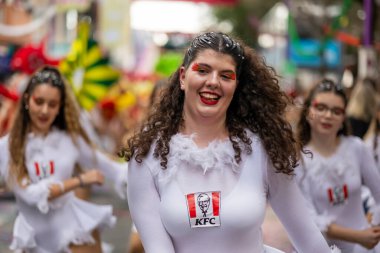 LOULE, PORTUGAL - 17th FEB 2024: Colorful Carnival (Carnaval) Parade festival participants on Loule city, Portugal. clipart