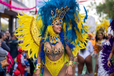 LOULE, PORTUGAL - 17 Şubat 2024: Loule, Portekiz 'deki Renkli Karnaval Festivali katılımcıları.