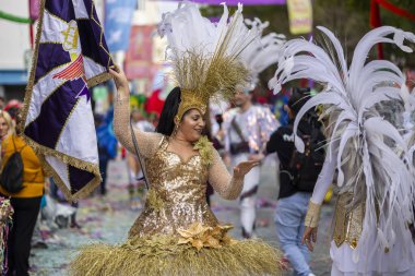 LOULE, PORTUGAL - 17 Şubat 2024: Loule, Portekiz 'deki Renkli Karnaval Festivali katılımcıları.