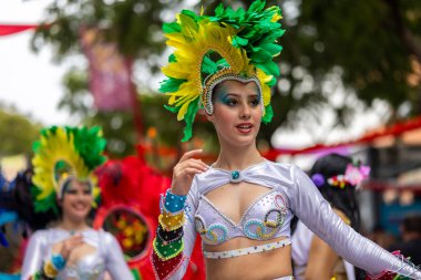 LOULE, PORTUGAL - 17 Şubat 2024: Loule, Portekiz 'deki Renkli Karnaval Festivali katılımcıları.