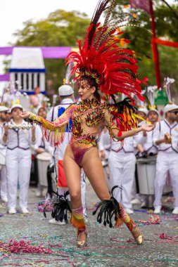 LOULE, PORTUGAL - 17th FEB 2024: Colorful Carnival (Carnaval) Parade festival participants on Loule city, Portugal. clipart