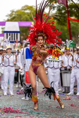 LOULE, PORTUGAL - 17th FEB 2024: Colorful Carnival (Carnaval) Parade festival participants on Loule city, Portugal. clipart