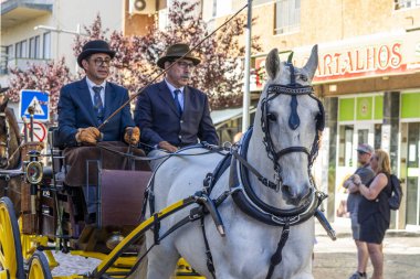 SAO BRAS DE ALPORTE, PORTUGAL - 4 MAYIS 2024: At arabalarıyla at arabaları ve bu duruma uygun giyinmiş insanlarla geleneksel eşleştirme etkinliği.
