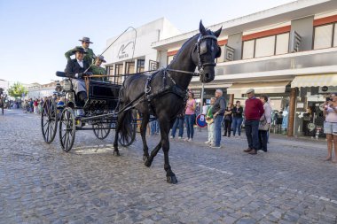 SAO BRAS DE ALPORTE, PORTUGAL - 4 MAYIS 2024: At arabalarıyla at arabaları ve bu duruma uygun giyinmiş insanlarla geleneksel eşleştirme etkinliği.