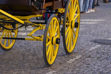 Geleneksel etkinlik eşleşmesinin ayrıntıları. Atlı güzel arabalar ve duruma uygun giyinmiş insanlar..