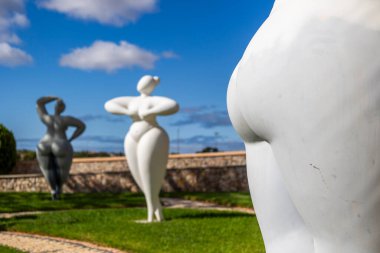 ESTOMBAR, PORTUGAL - 5. OCOTOBER 2024: Şarap arazisinde yer alan modern çağdaş kadın heykelleri 
