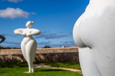 ESTOMBAR, PORTUGAL - 5. OCOTOBER 2024: Şarap arazisinde yer alan modern çağdaş kadın heykelleri 