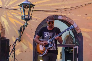 FARO, PORTUGAL: 5th SEPTEMBER, 2024 - Music artist, Miguel Martins Kaleidoscopio , performs on Festival F, a big festival on the city of Faro, Portugal. clipart