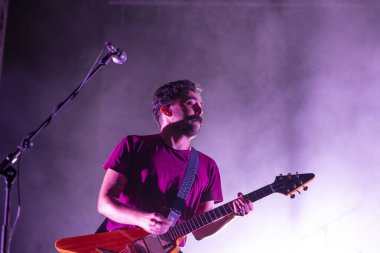 FARO, PORTUGAL: 5th SEPTEMBER, 2024 - Music artist, Tiago Bettencourt, performs on Festival F, a big festival on the city of Faro, Portugal. clipart